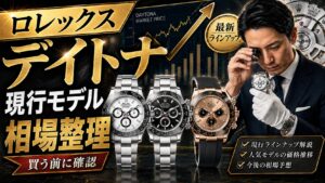 ロレックス デイトナの現行モデルと中古相場を解説するサムネイル画像。デイトナの複数モデルと相場グラフ、時計を確認する鑑定士風の男性が描かれている。