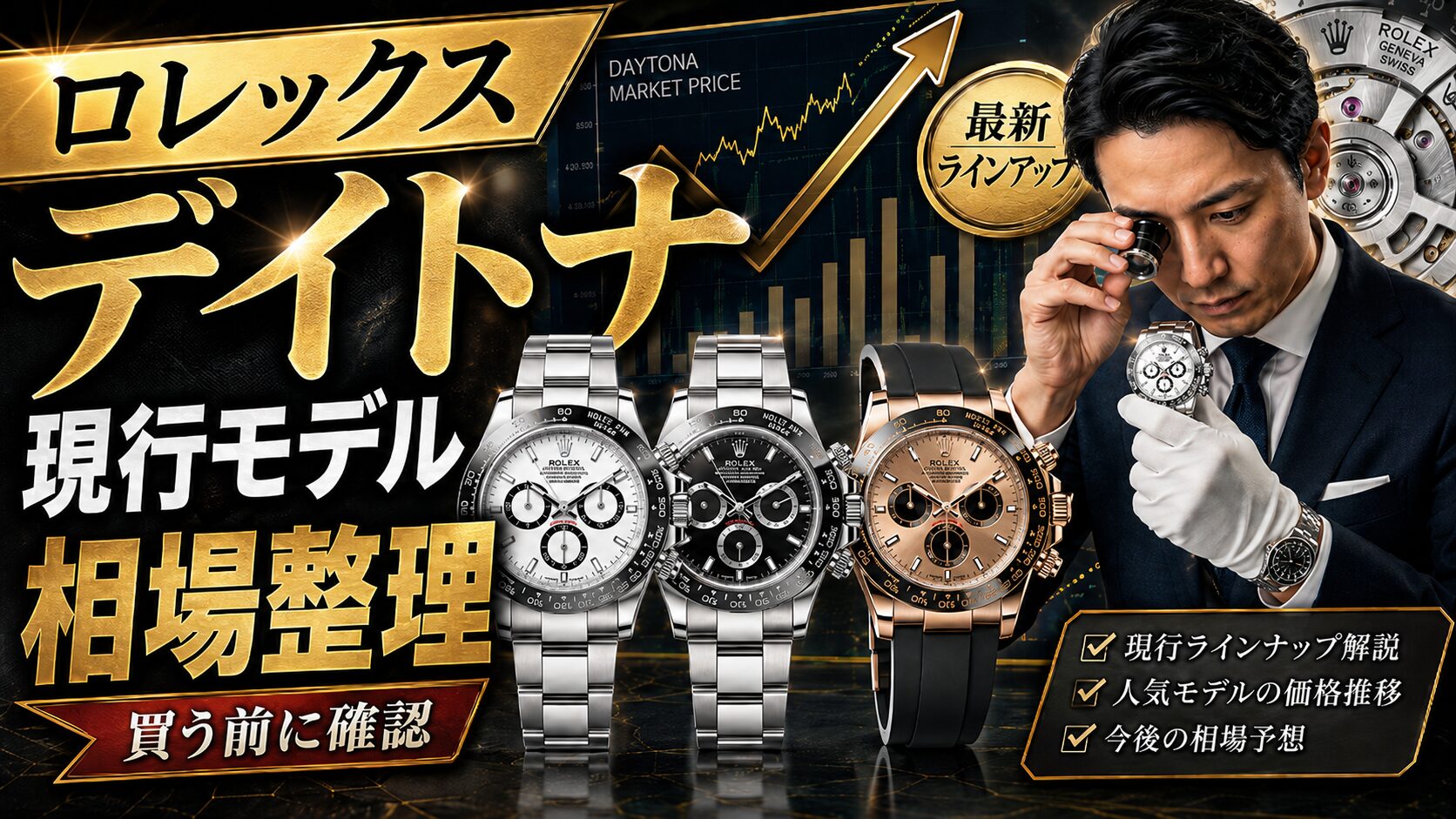 ロレックス デイトナの現行モデルと中古相場を解説するサムネイル画像。デイトナの複数モデルと相場グラフ、時計を確認する鑑定士風の男性が描かれている。