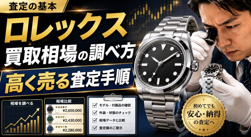 ロレックス買取相場の調べ方と高く売るための査定手順を、腕時計を確認する鑑定士や相場グラフとともに解説したサムネイル画像