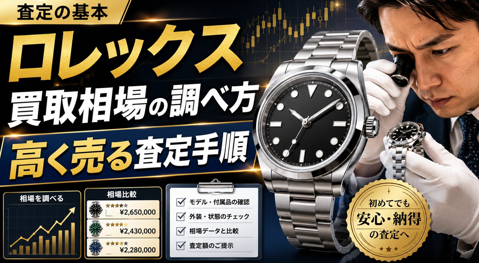 ロレックス買取相場の調べ方と高く売るための査定手順を、腕時計を確認する鑑定士や相場グラフとともに解説したサムネイル画像