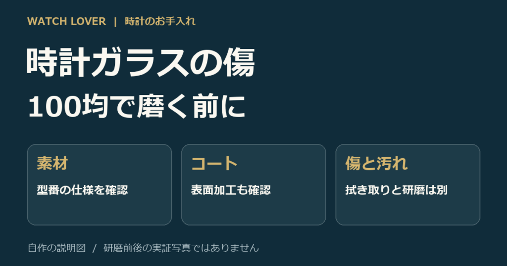 時計ガラスの傷を100均で磨く前に、素材、コーティング、傷と汚れの違いを確認する説明図